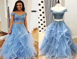 Elegant Two Pieces White Gold Prom Dresses Off The Shoulder Appliques Lace Tulle Tiered Fluffy Light Sky Blue Prom Dresses8177563