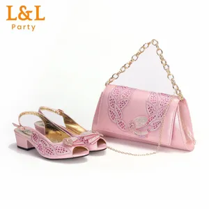 Dress Shoes Pink Sandals For Women 2024 Luxury Wedding Pumps Low Heels Rhinestone Design Party And Bags Set