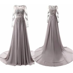 Kleider atemberaubender Chiffon -Juwelenausschnitt Aline Abendkleider mit Spitzen Applikationen graue Kristalle Langarm