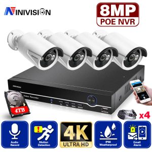 Sistema 4K Kit NVR 4CH Poe Câmera Sistema de Câmera 8MP Ircut Night Vision One Way Audio IP Câmera IP Kit de vigilância de vídeo de segurança externa