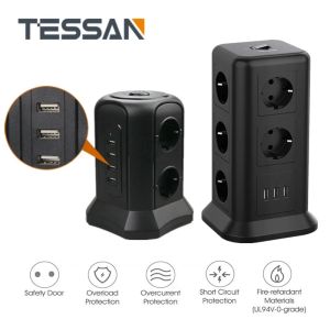 Tillbehör Tessan EU Plug Outlet Power Strip Tower Multi Plug USB Socket med On/Off Switch och 6,5 ft förlängningskabelöverbelastningsskydd