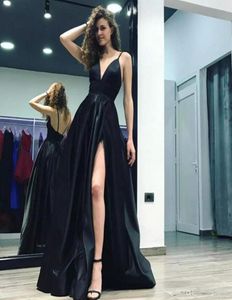 Sexy Black Deep V Neck ALine Evening Gowns Spaghetti Straps High Slits Long Backless Court Train Satin Formal Prom Dresses8321897