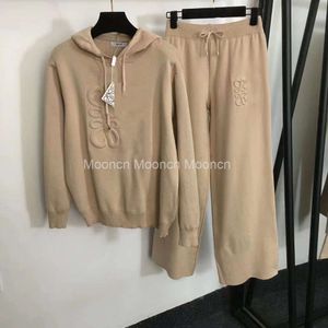 Womens zipper embroidery loose hooded sports suit jacket knitted wide leg pants two-piece set slimming flesh blocking temperament