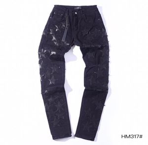 FALECTY MENS 21SSS Amimike Jeans Destressed schwarze Lederstars Patch Ripped Denim Pants5704514