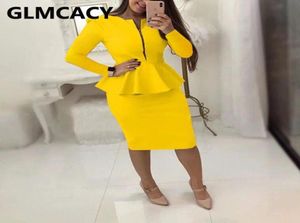 Women Two Piece Dress Suits Long Sleeve Peplum Top Midi Skirt Set3159751