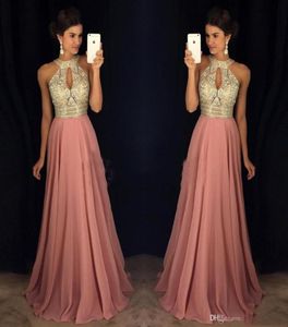 Pink Prom Evening Dresses 2017 ALine Halter Major Beaded Illusion Bodice Chiffon Celebrity Formal Gowns Dress for Party Wear Plus3936116