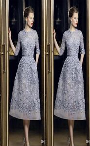 Fashion Evening Dresses Elegant Lace Applique ALine Prom Gowns 34 Long Sleeve Tea Length Sexy Formal Party Celebrity Dress Custo9545464