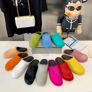 Designer Fussbett Sabot Horse Hair Slippers Men Women Classic Half slipper High quality calfskin Round Toe Black Rose Red Mules Half Slipper Rubber Slide Plush Shoes