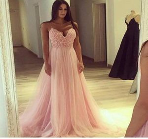 Elegant Blush Pink Prom Dresses Lace Top Sexy Spaghetti A Line Formal Evening Party Gowns Soft Tulle Cheap Summer Bridesmaid Dress3608901