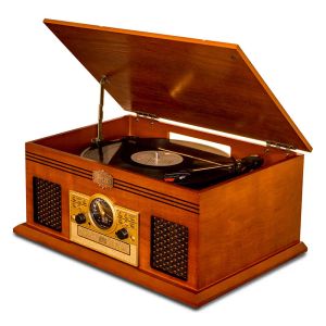 ターンテーブル木製ヴィンテージFMアナログチューニング/CDミュージックセンターレコードプレーヤー、Bluetoothおよびビルトインステレオスピーカービニールターンテーブルカートリッジ