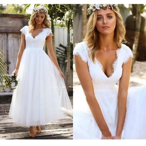 Dresses Vintage Wedding Dress Tea Length Short Lace Bridal Gown Tulle Skirt Cap Sleeve Wedding Gowns Vestido de Novia Gelinlik