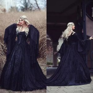 Dresses Retro 2018 Black Gothic Wedding Dresses Off The Shoulder A Line Bell Long Sleeves Full Lace Medieval Corset Bridal Gowns