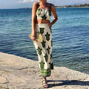 Work Dresses Sexy Vocation Bra Tops Two Piece Set 2024 Casual Strap Sleeveless Tops&Long Skirts Suit Elegant Pattern Print Sets