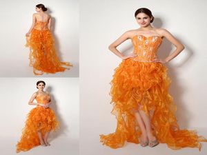 2015 designer höga låga balklänningar i lager billiga seetheart crystal fish boning ruched orange organza party klänningar sexig bandage dr6693875