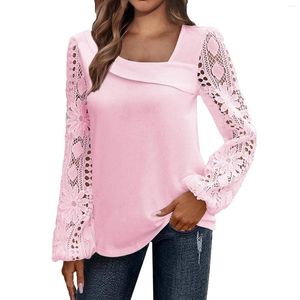 Women's T Shirts Elegant Lace Splicing Blouse Long Sleeve Skew Collar Basic Tops Ladies Spring Summer Pullovers Shirt Camisas