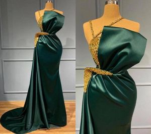 Stunning Dark Green Mermaid Evening Dresses Gold Beads Sequined Spaghetti Strap Neckline Ruffles Long Party Occasion Prom Gowns BC9752399