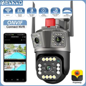 Câmeras Evkvo 6k 12mp Três Lens WiFi PTZ Câmera Três tela AI Rastreamento humano ao ar livre 9MP Segurança CCTV Câmera de vigilância IP ONVIF