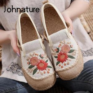 Sapatos casuais johnature aparts femininos bordar linho de algodão retro redondo 2024 artesanal conciso de mulheres confortáveis
