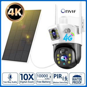 Kameror 4G SIM -kort 8MP 10X ZOOM SOLAR KAMALE 4K Dual Lens Low Power Inbyggd Batteri HD PIR Motion Detection CCTV Surveillance Outdoor