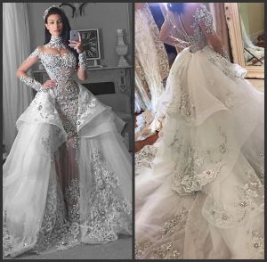 Abiti Abiti glamour a maniche lunghe in tulle Abiti da sposa a collo alto Appliques Abiti da sposa con gonna ridotta sopra la gonna vestido casato