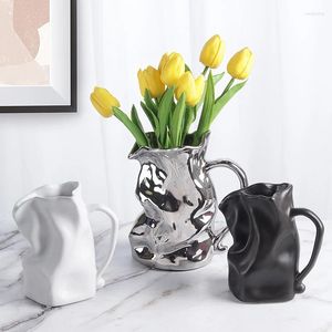 Vasos vaso de cerâmica europeia preto chaleira branca recipiente manual Ornamento da sala de estar de arranjo de flores hidropônicas