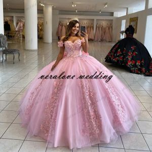 Sukienki różowe sukienki Quinceanera suknia balowa z ramion 3D róża kwiaty puchowa słodka 16 sukienka gwiazdy suknie imprezowe
