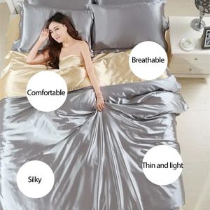 100% Pure Satin Silk Bedding Set Home Textile King Size Bed Set Bed Clothes Däcke Cover Plat Sheet Pillow Cases Wholesale 240418