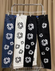 Dżinsy męskie czarny niebieski biały nadruk dżinsów mężczyzn kobiet wysokiej jakości długie spodnie streetwearne