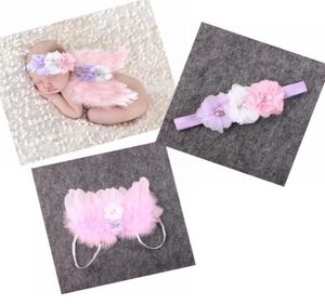 Baby Angel Wing Chiffon Flower pannband Pografi Props Set nyfödda Pretty Angel Fairy Pink Feathers Wing Costume Po Prop Y4834818