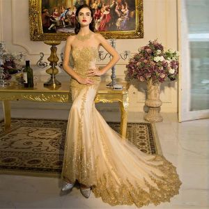 Dresses Spring Summer Gorgeous Mermaid Evening Dresses Formal Evening Wear For Women Gold Halter Neckline Prom Dress robe de soiree