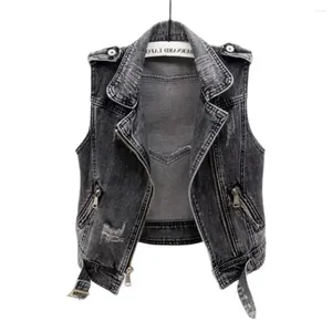 Women's Vests Ripped Denim Vest Short Waistcoat Loose Jacket Turn-Down Pocket Buttons Outerwear Hole Tops Autumn