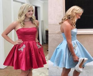 Strapless Short Homecoming Dresses Ruched Elastic Satin Crystal Pockets Plus Size Dark Red Light Sky Blue Party Dresses Prom Dress7007072