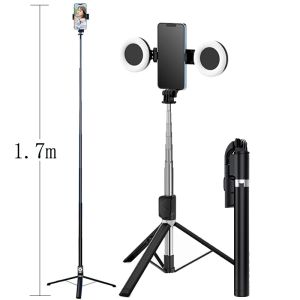 Monopods 1,7 m utdragbart live stativ selfie stick support led ring dubbel ljus spegel stativ 4 i 1 telefon montering för iPhone x 8 11 Android