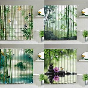 Shower Curtains Green Bamboo Zen Stone Flower Chinese Style Landscape Plant Scenery Bathroom Decor Screen Bath Curtain With Hook