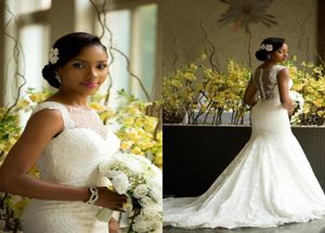 Amazing African Style Lace Wedding Dresses 2016 Sheer Neck Back Covered Buttons Bridal Gowns Plus Size Sweep Train Newest Wedding 6670012