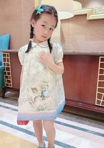 サマーキッズガールズドレス女の女の子かわいい猫コットンドレスパーティー服子供ファッションドールカラー服