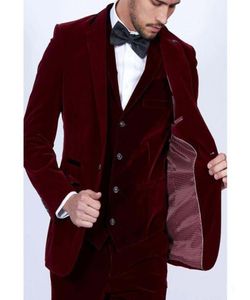 バーガンディベルベットの男性スーツ2019スリムフィット3ピースブレザーテーラーメイドワインレッドグルームプロムパーティータキシードジャケットパンツベスト7037490