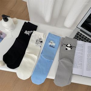 Women Socks Women's Mid-calf Cute Animal Letter Embroidered Korean Spring And Summer Fashion Unsymmetrical Cotton