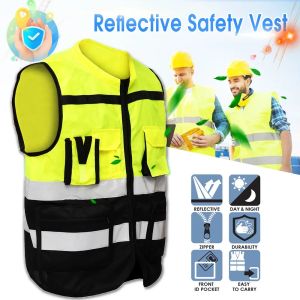 Kläder S/M/L Hög synlighet Hivis Safety Vest Reflective Driving Jacket Night Security Waistcoat med fickor för arbetskörning