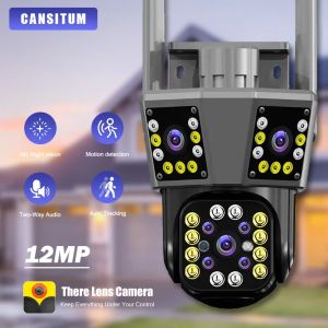 CAMERAS CANSITUM TRÊS tela 6K 12MP WiFi IP Câmera Outdoor Câmera Rastreamento de movimento PTZ Câmera CCTV Três lentes Sistema de segurança à prova d'água