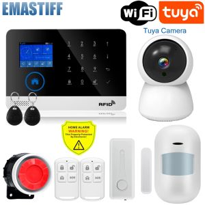 Kits Quad Band Wireless Tuya WiFi GSM Alarm System TFT Display Door Sensor Home Security Alarm Systems Wired Siren Kit Sim SMS Alarm