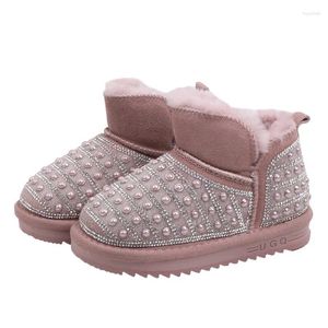 Bot kış kürk sıcak kızlar moda prenses kar çocukları payetler için inci su matkap pamuk çocuk ayakkabı markası