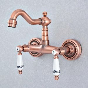 Torneiras de pia do banheiro antigo Red Copper Brass Montada de parede Torneira de cozinha Misturador de bico Tap Tap Dual Ceramics Lideles Levavers TSF891