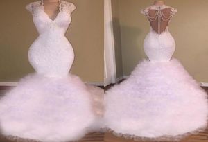 New White Mermaid Prom Dresses V Neck Lace Appliques Beaded Crystal Backless Sweep Train Tulle Puffy Tiered Prom Evening Gowns Ves9397209