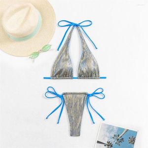 Kvinnors badkläder blå bikini thong lyxiga baddräkt sträng backless gild glitter kvinnor 2-styck strand triangel baddräkt semester outfit