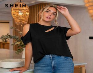SHEIN Plus Size Cold Shoulder Cut Out Front Solid Top Women Summer Short Sleeve Round Neck Tee Casual Tshirts5158706