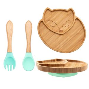 1set Baby Feeding Bowl Baby Dinner Plate Cartoon Sheep Bamboo Kids Feeding Dinnerware With Silicone Suction Cup Wooden Fork Spoo 240321