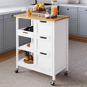 Kitchen Storage Rolling Trolley Cart 3-Tier Wood Drawers Shelves With Wheel