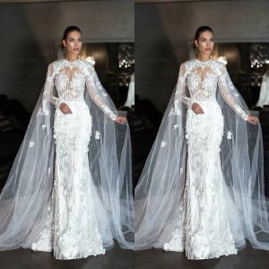 Dresses Dubai Arabic 2019 Mermaid Wedding Dresses With Cape Beading Long Sleeve Court Train Lace Applique Wedding Dress Bridal Gowns