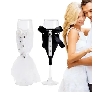 Weingläser Hochzeitstisch Dekoration Glas Tasse Abdeckung Braut Bräutigam Kostüm DIY zum Brautdusche Bachelorette Party Dekor